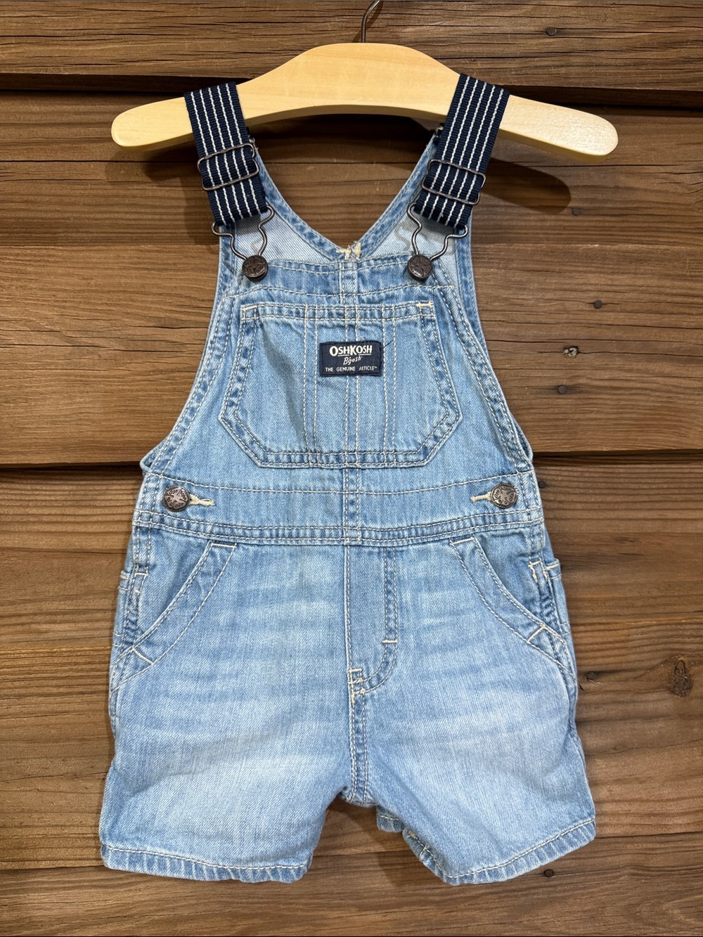 OshKosh B'gosh Denim Short Overalls with Navy Striped Straps